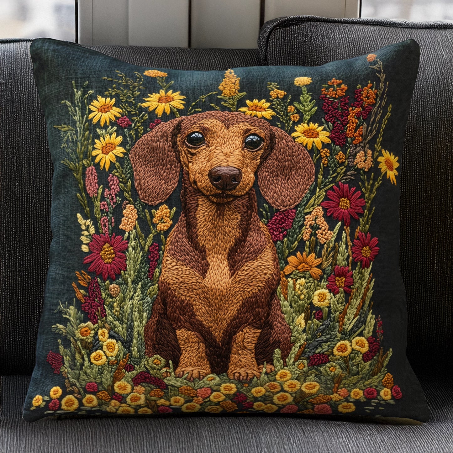 Shineful Pillow 2D Flat Print Funny Dachshund Flower Charm