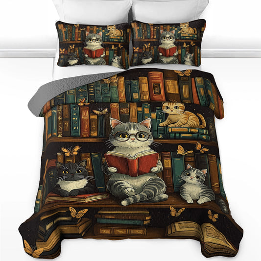 Ensemble de courtepointe toutes saisons Shineful 3 pièces - Bookworm's Purr-adise