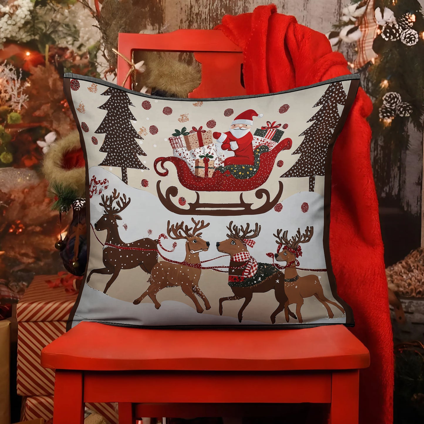 Shineful 2D Print Cushion Cover, Pillowcase, Pillows Covers - Cozy Santa Claus With Reindeer Pulling His Sleigh Full Of Gifts