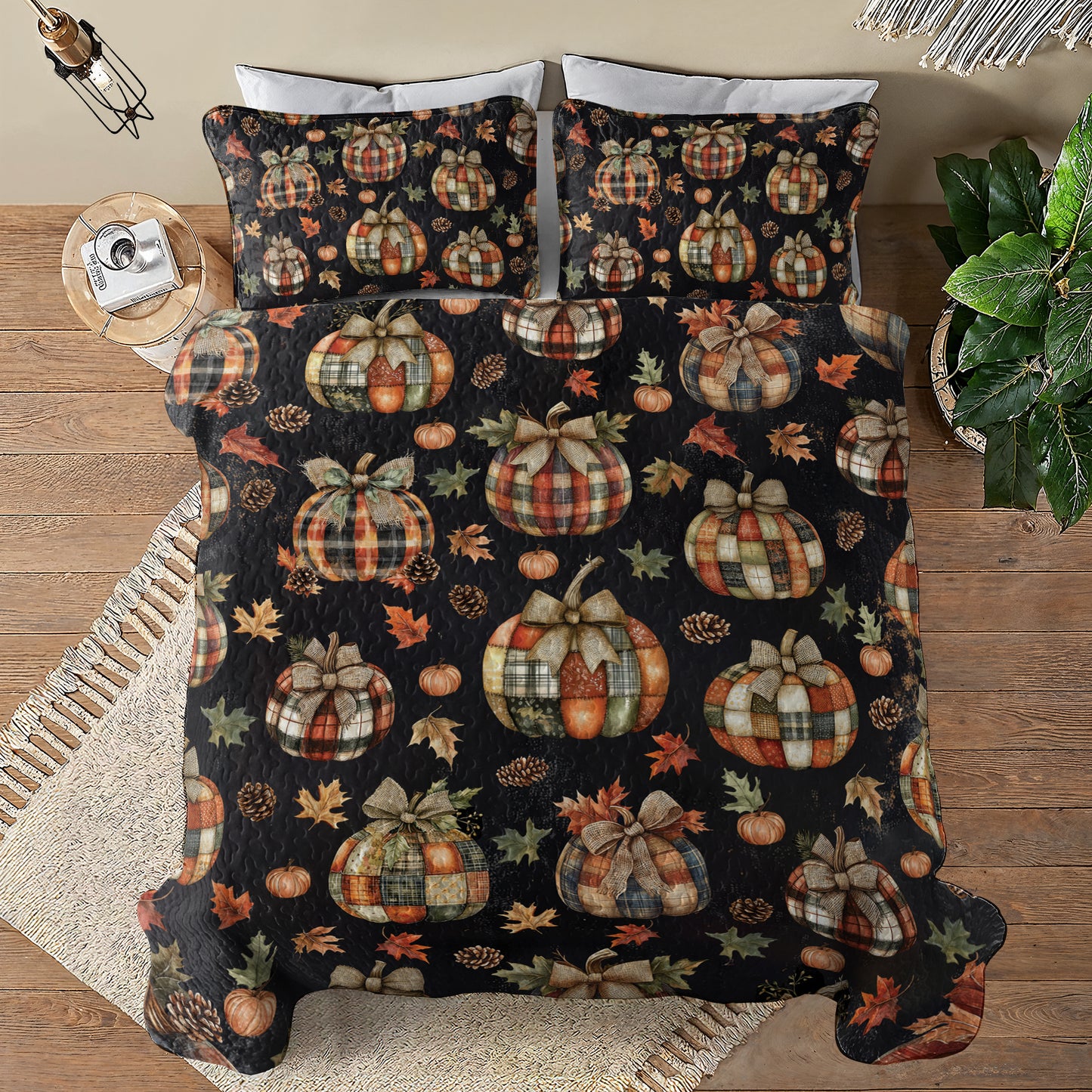 Shineful All Season Quilt 3-Piece Set Rustic Patchwork Pumpkin Pattern