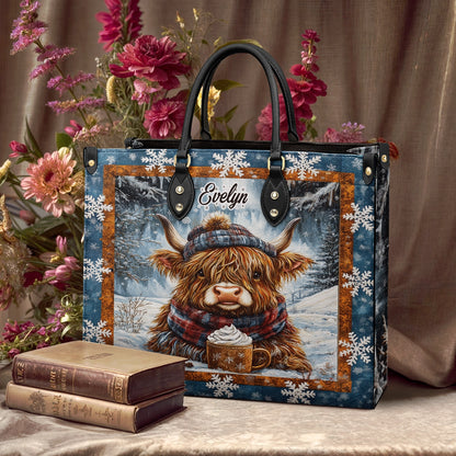 Sac en cuir brillant personnalisé Cozy Highland Cow