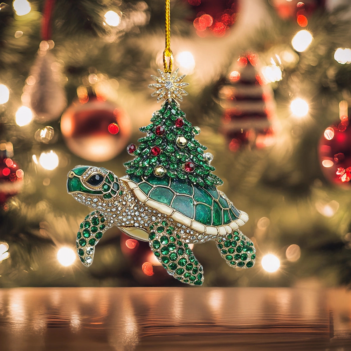 Glänzendes Acryl-Ornament „Verzauberte Schildkröte mit festlichem Baum“ 