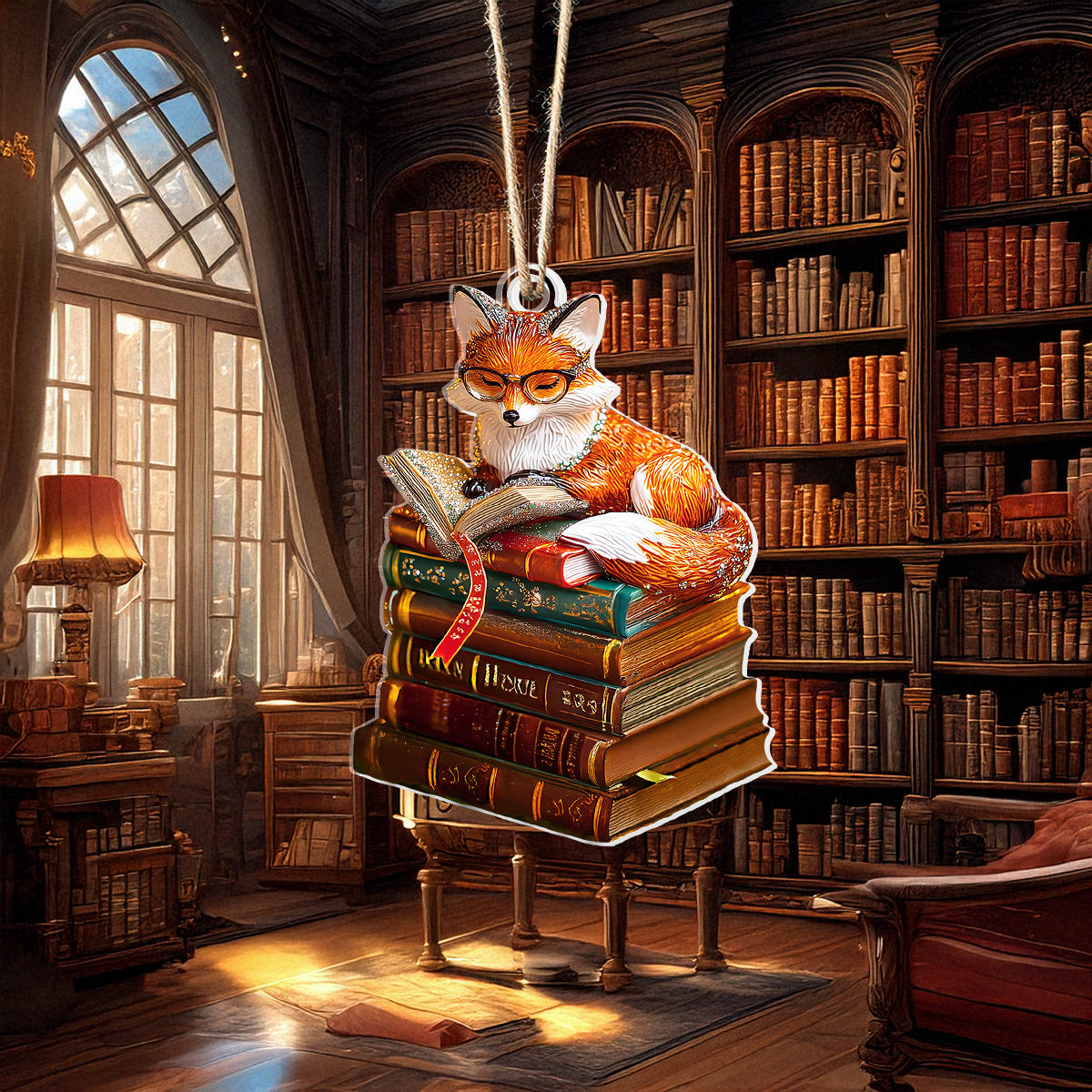 Shineful 2D Acrylic Ornament Fox With Stack of Books