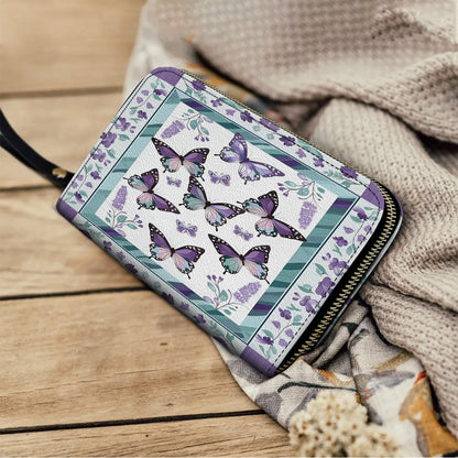 Glänzende Leder Clutch mit Trageriemen, Lila Schmetterling &amp; Blumen