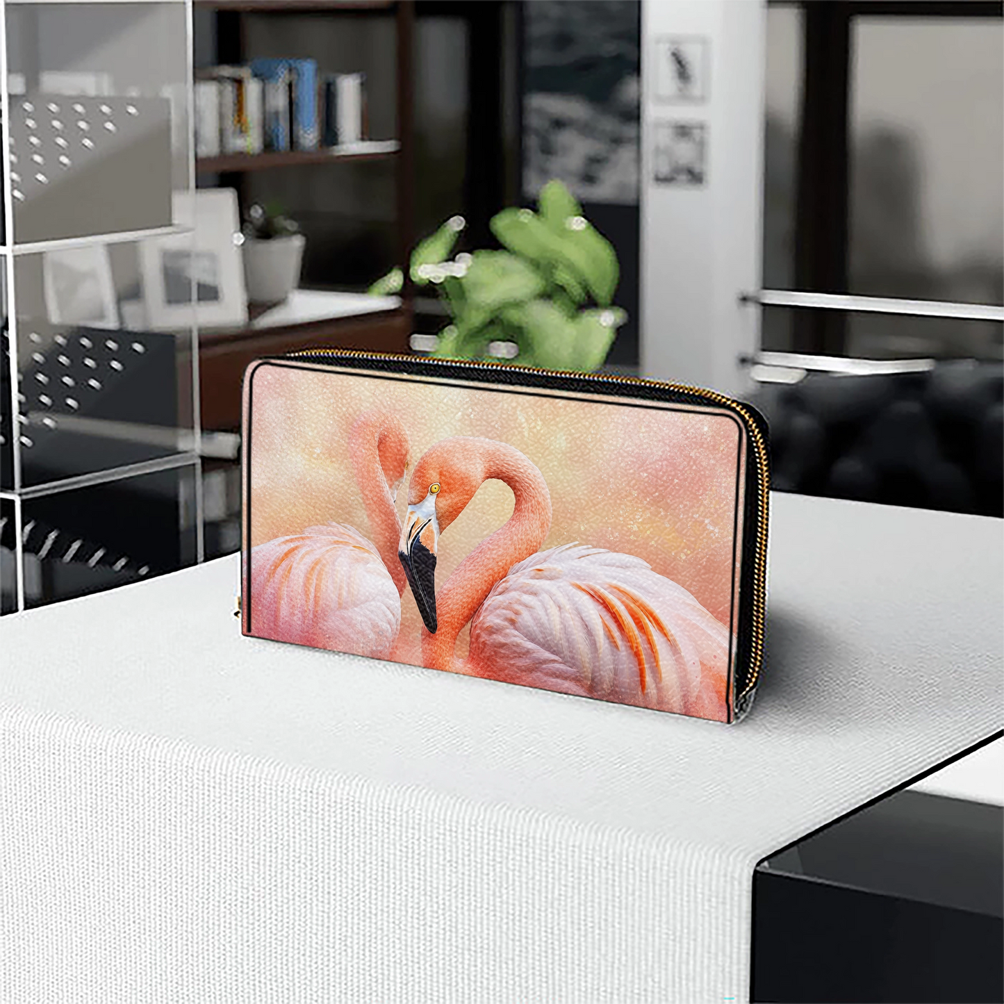 Shineful Leather Clutch Purse With Wristlet Strap Handle Flawlessly Fabulous Flamingo Bliss