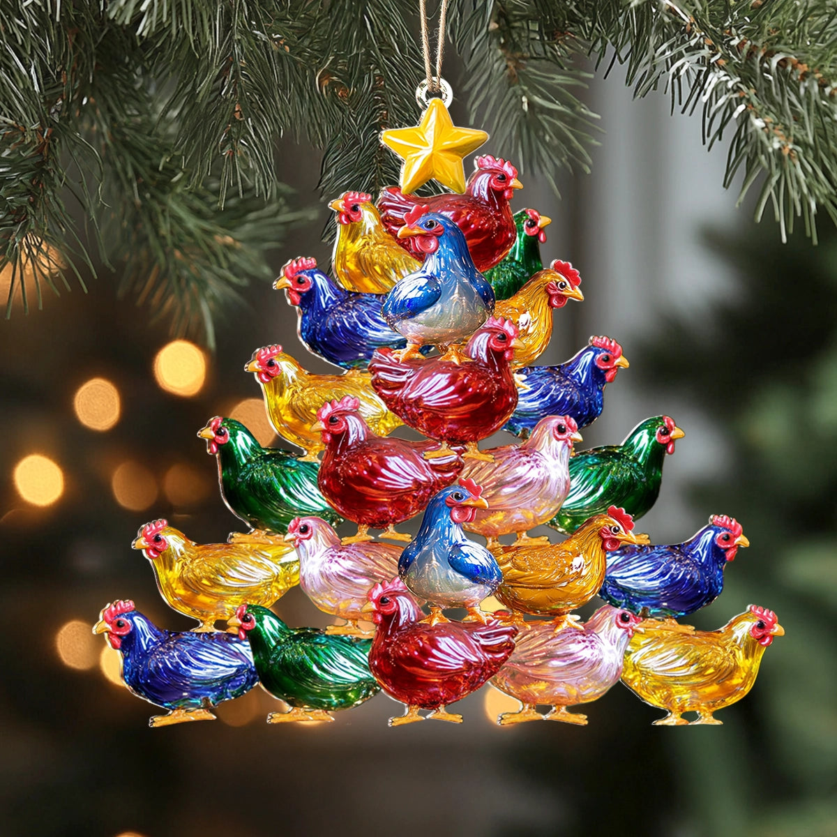 Ornement acrylique 2D brillant pour sapin de Noël en forme de poulet joyeux