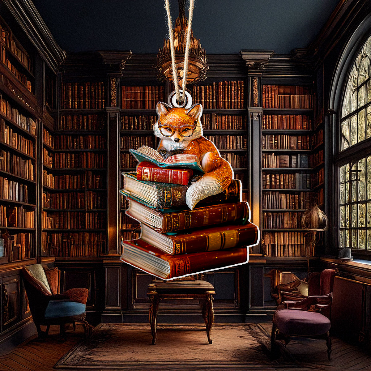 Shineful 2D Acrylic Ornament Fox With Stack of Books