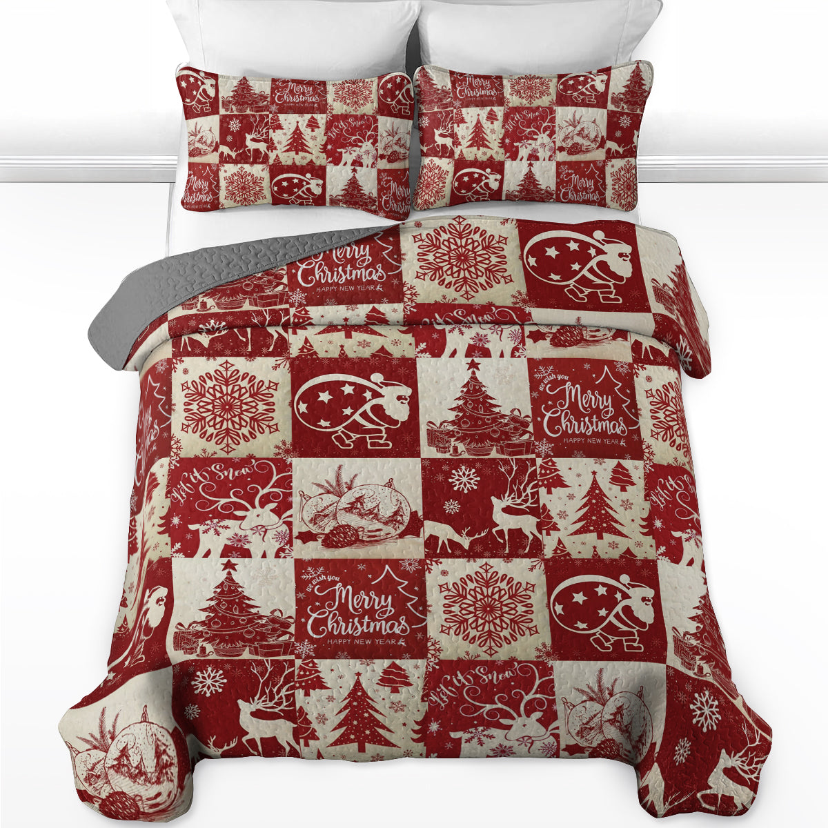 Shineful All Season Quilt 3-Piece Set Red Merry Christmas