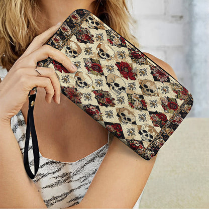 Shineful Leather Clutch Purse With Wristlet Strap Handle Elegant Skull Roses