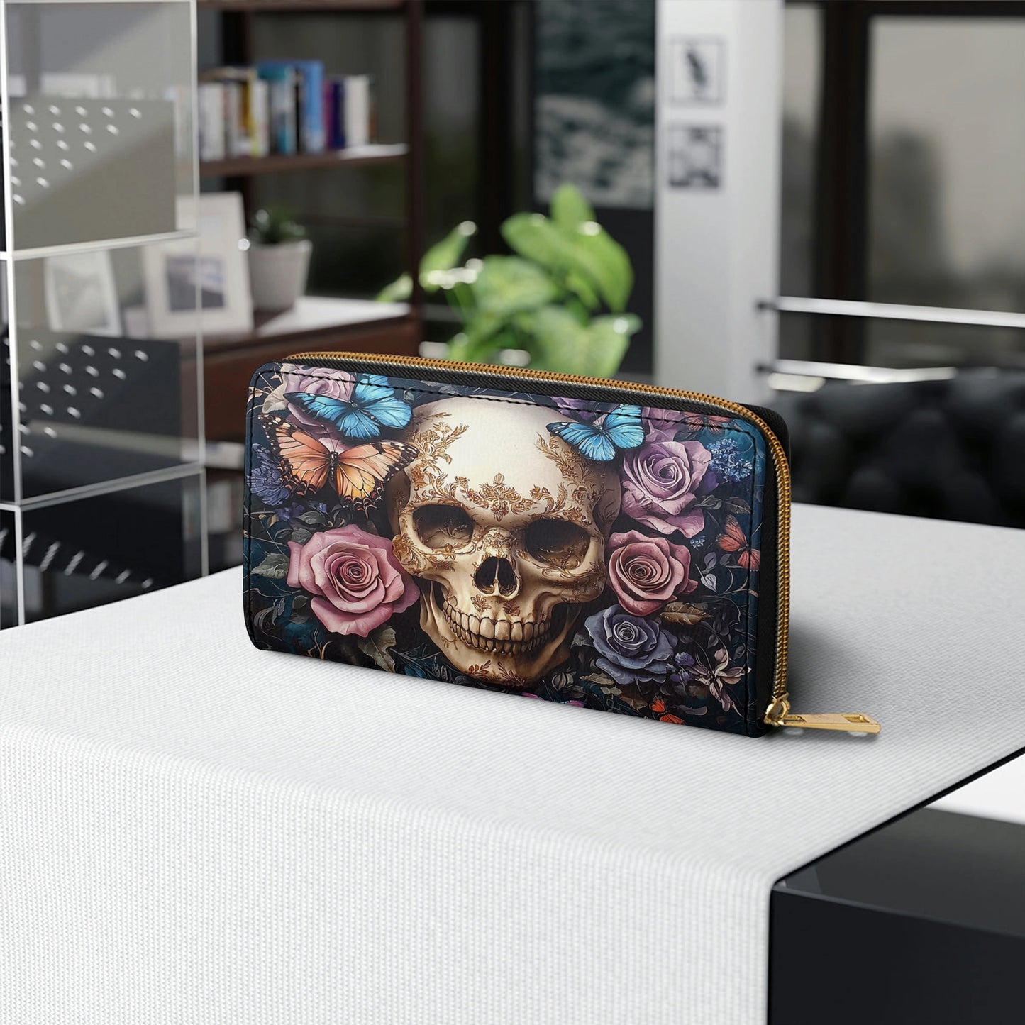 Shineful Leather Clutch Purse With Wristlet Strap Handle Skull Eternal Serenade