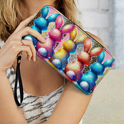 Shineful Leather Clutch Purse With Wristlet Strap Handle Glitter Bunnies