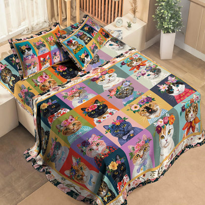 Shineful 4-Piece Bed Sheet Set Floral Cat Fantasy