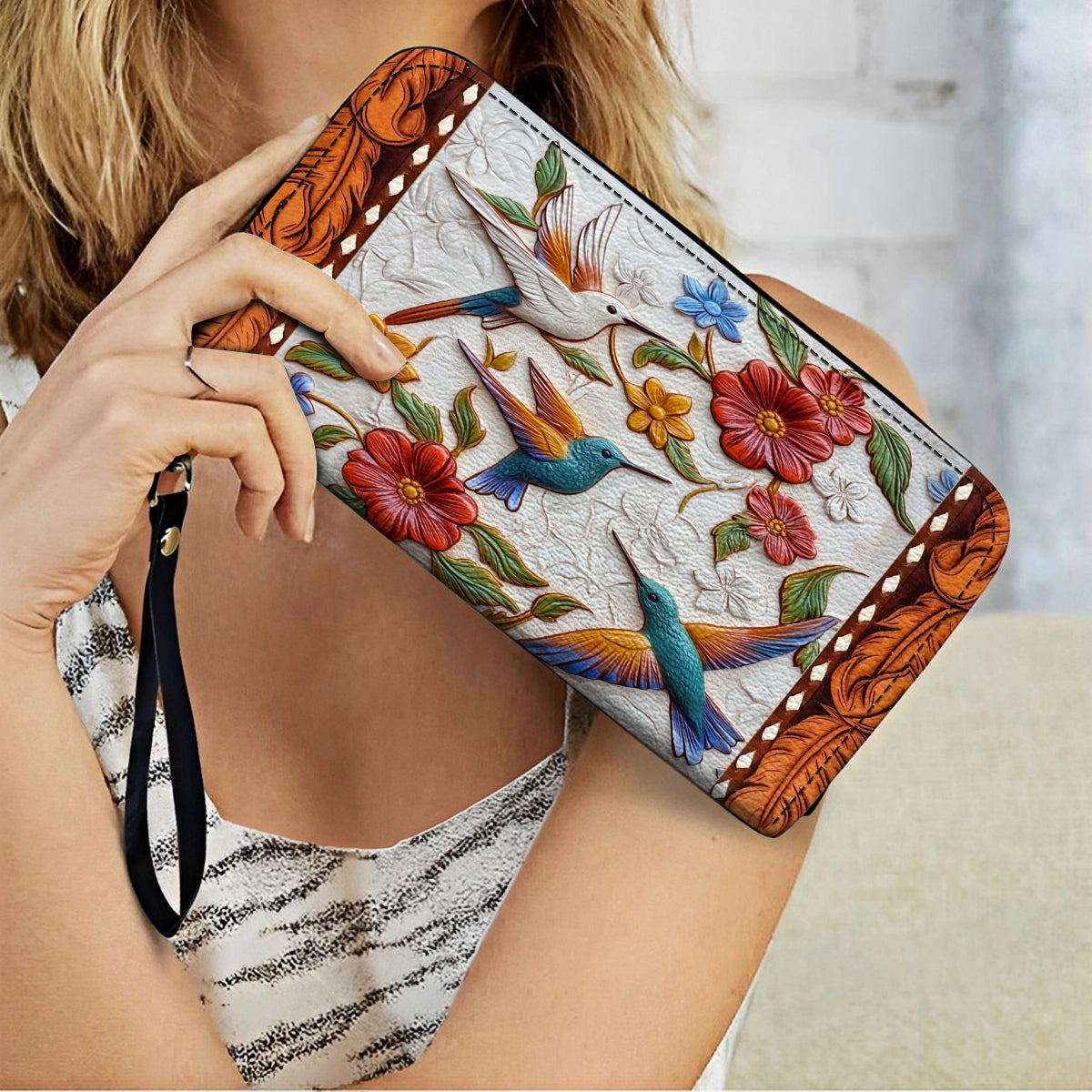 Shineful Leather Clutch Purse With Wristlet Strap Handle Hummingbird Blossom Flight