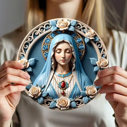 Shineful 2D Wooden Plaque, Hanging Decor, Door Sign Virgin Mary Rosette Wreath Emblem