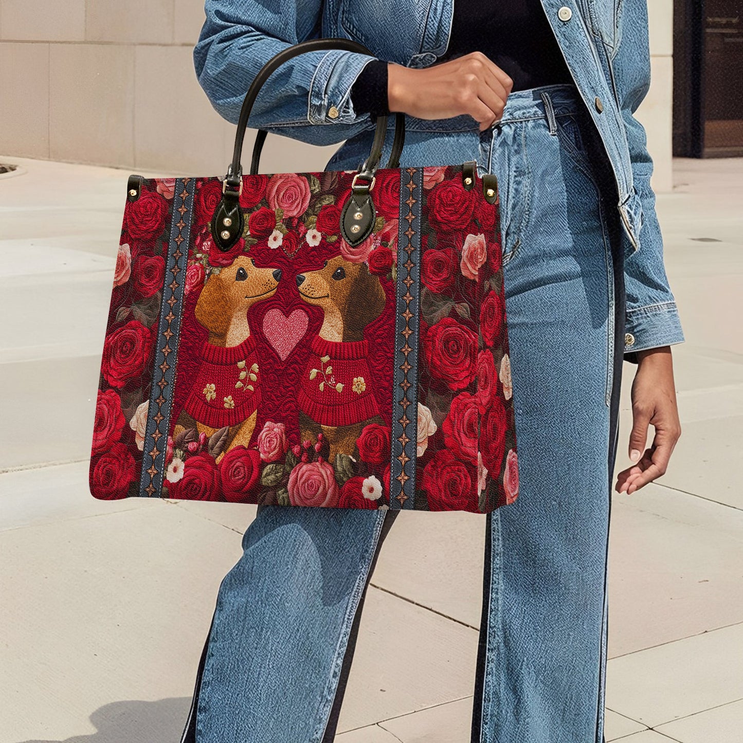 Glänzende Ledertasche Herz Blumen Dackel Paar