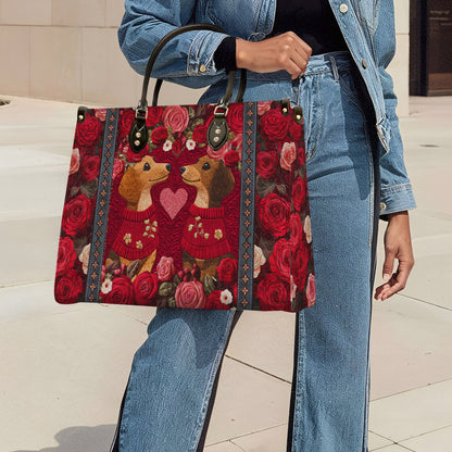 Glänzende Ledertasche Herz Blumen Dackel Paar