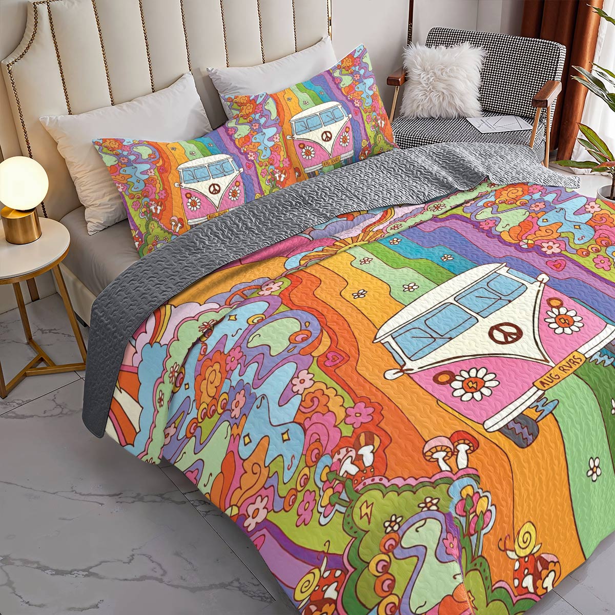 Shineful All Season Quilt 3-Piece Set Rainbow Hippie Van