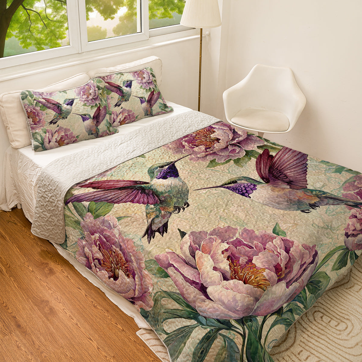 Shineful All Season Quilt 3-Piece Set Peony Hummingbird