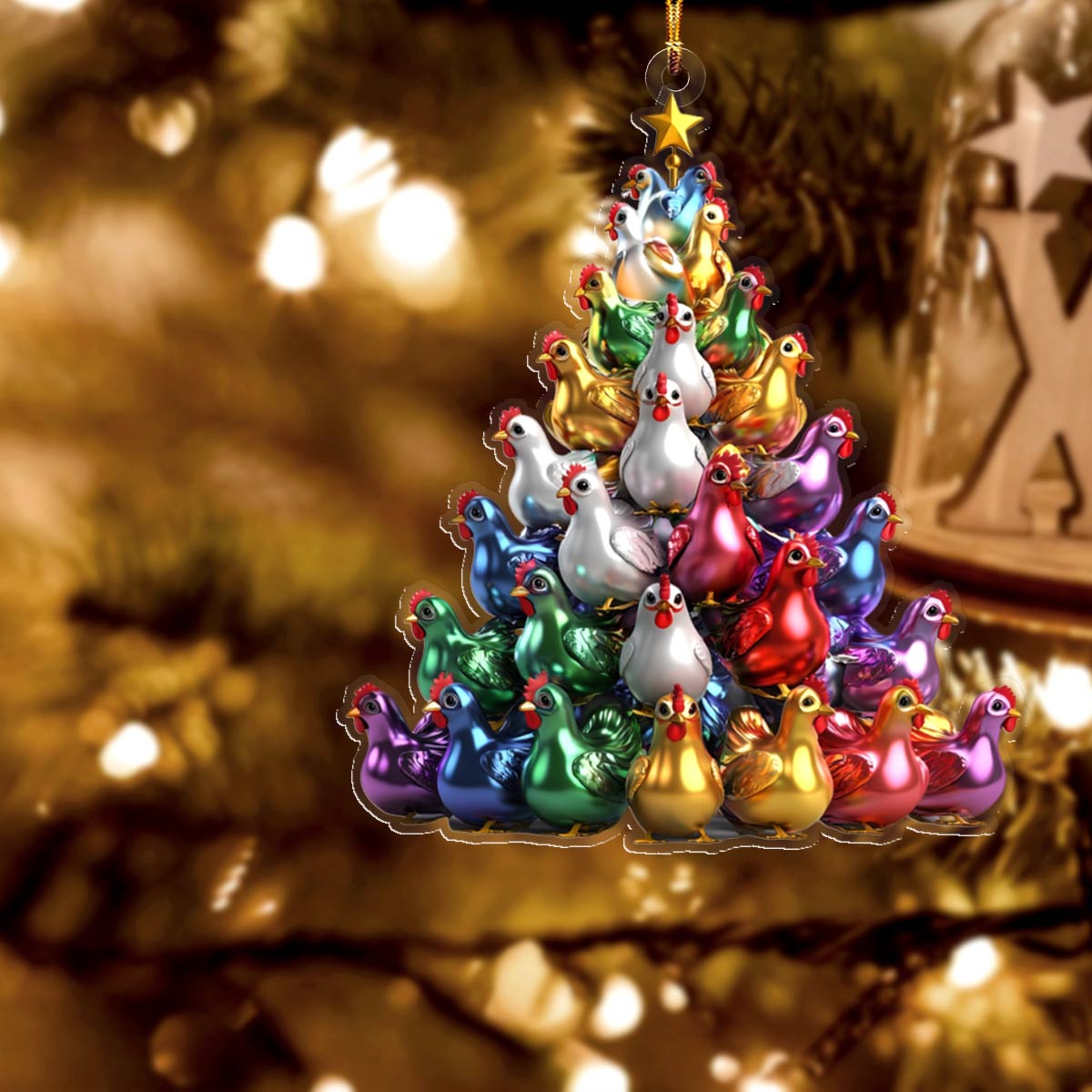 Glänzendes 2D Acryl Ornament Bunte Hühner Weihnachtsbaum