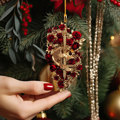 Shineful 2D Acrylic Ornament Crimson Roses and Golden Skull Elegance