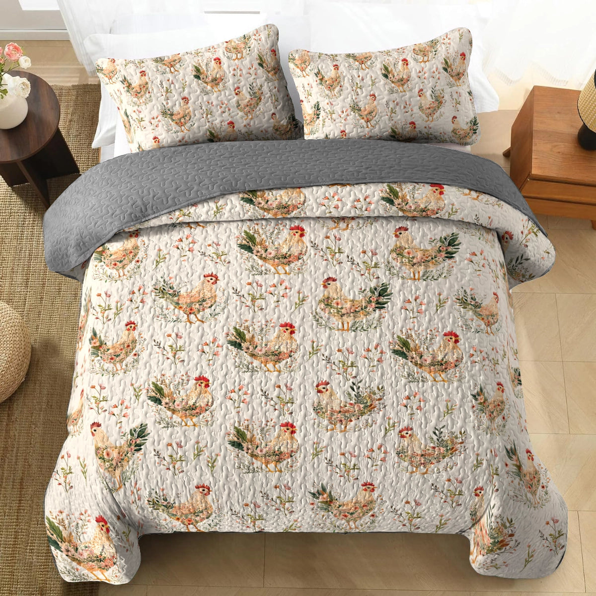 Shineful All Season Quilt 3-Piece Set - Botanical Chicken Garden