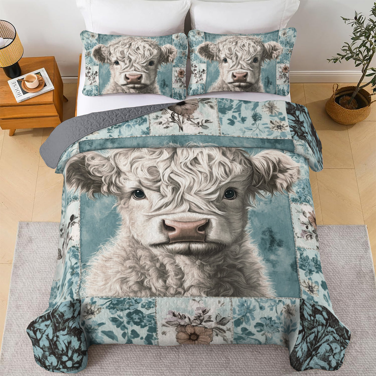 Shineful All Season Quilt 3-teiliges Set Curly Highland Cow