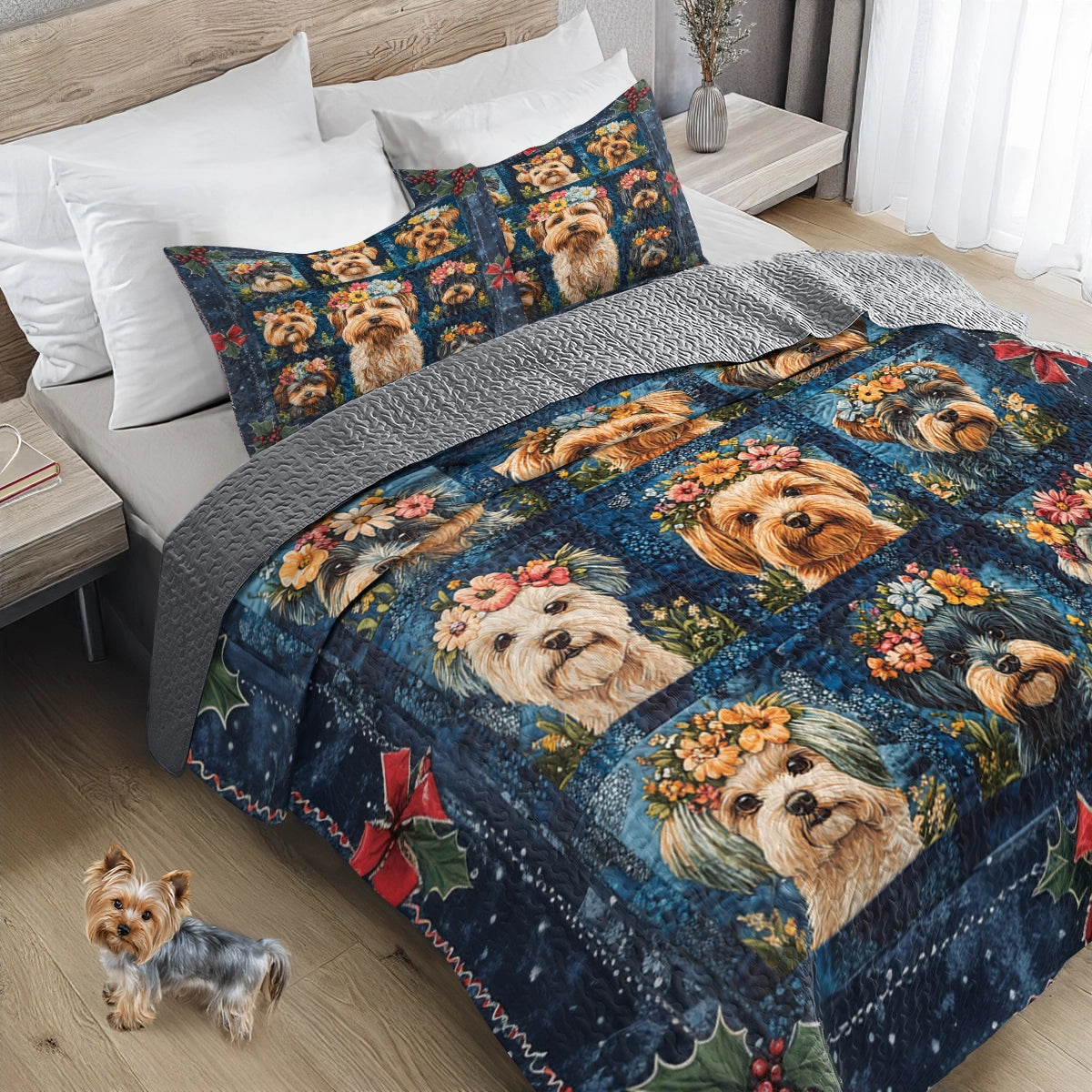 Shineful All Season Quilt 3-Piece Set - Yorkie Floral Dreams