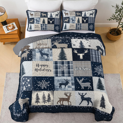 Shineful All Season Quilt 3-Piece Set - Navy Reindeer Wonderland