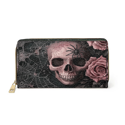 Shineful Leather Clutch Purse With Wristlet Strap Handle Eternal Bloom Skull