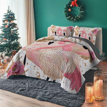 Shineful All Season Quilt 3-Piece Set - Golden Elegance Flamingo