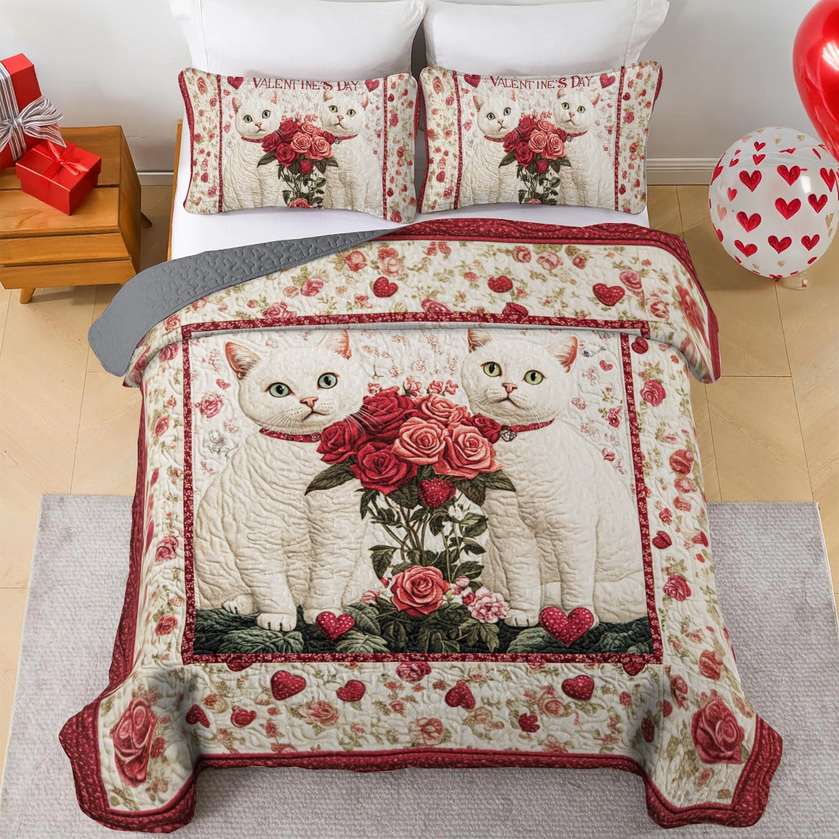 Shineful All Season Quilt 3-Piece Set Lovely Cats Valentine