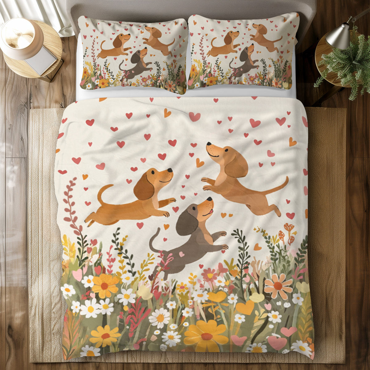 Ensemble de housse de couette 3 pièces Shineful - Teckel floral avec cœur