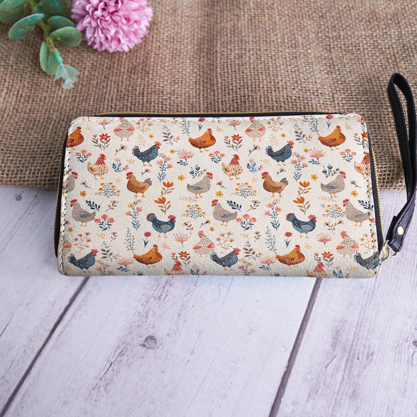 Shineful Leather Clutch Purse With Wristlet Strap Handle Chicken Flower