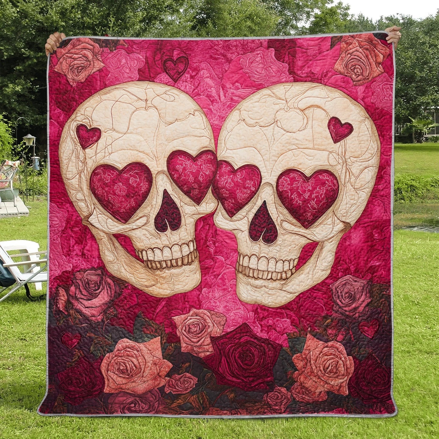 Shineful Flat Print Faux Quilt Blanket - Eternal Love Skulls Surrounded by Roses and Passion