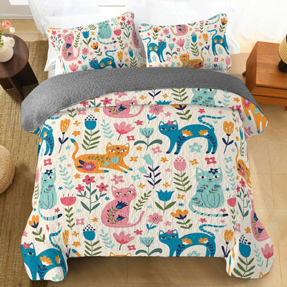 Shineful All Season Quilt 3-Piece Set Floral Cats