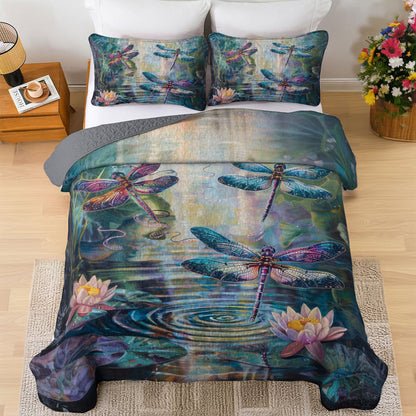 Shineful All Season Quilt 3-Piece Set Dragonfly Lotus