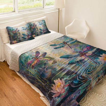 Shineful All Season Quilt 3-Piece Set Dragonfly Lotus