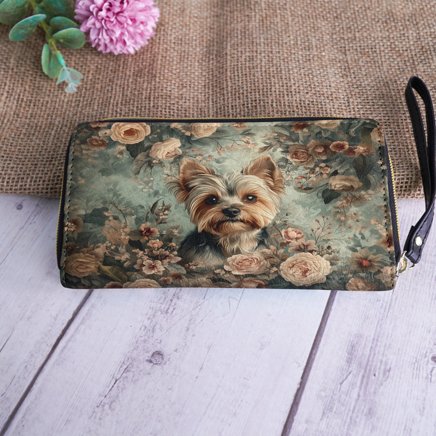 Shineful Leather Clutch Purse With Wristlet Strap Handle Yorkie Blossom Luxe