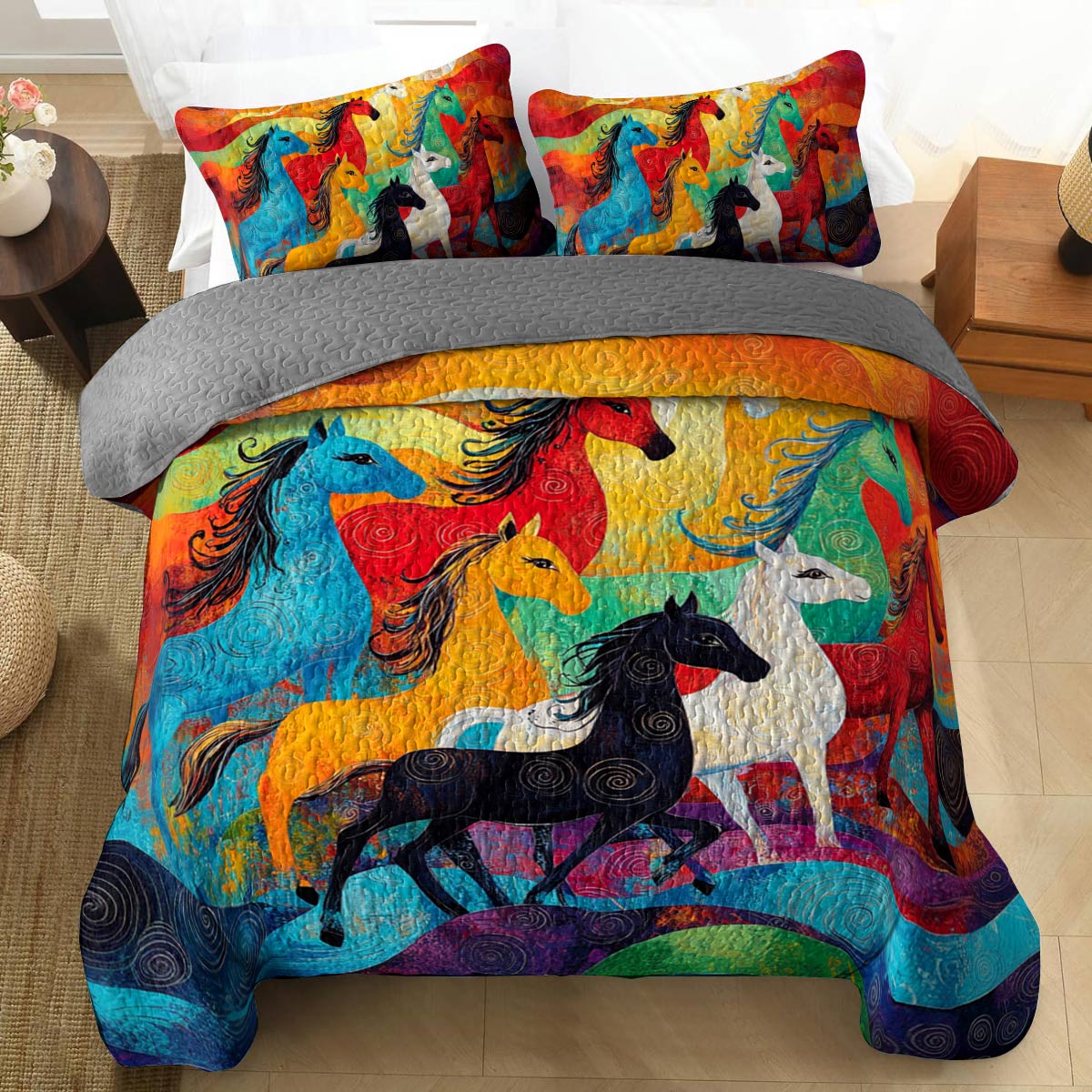 Shineful All Season Quilt 3-Piece Set Colorful Horses Racing