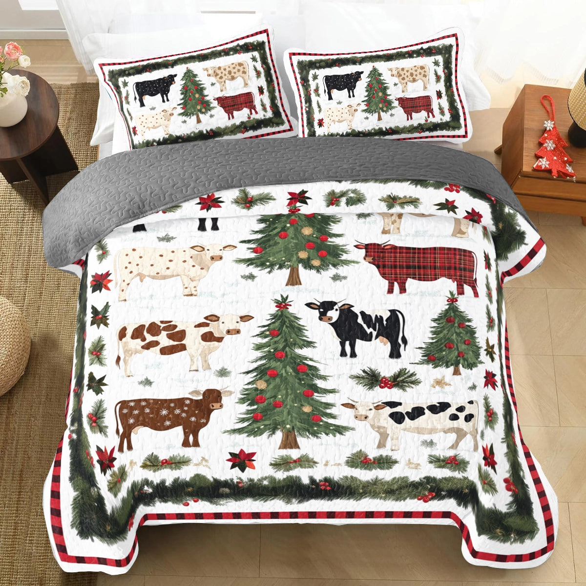 Shineful All Season Quilt 3-Piece Set Farmhouse Christmas Cow