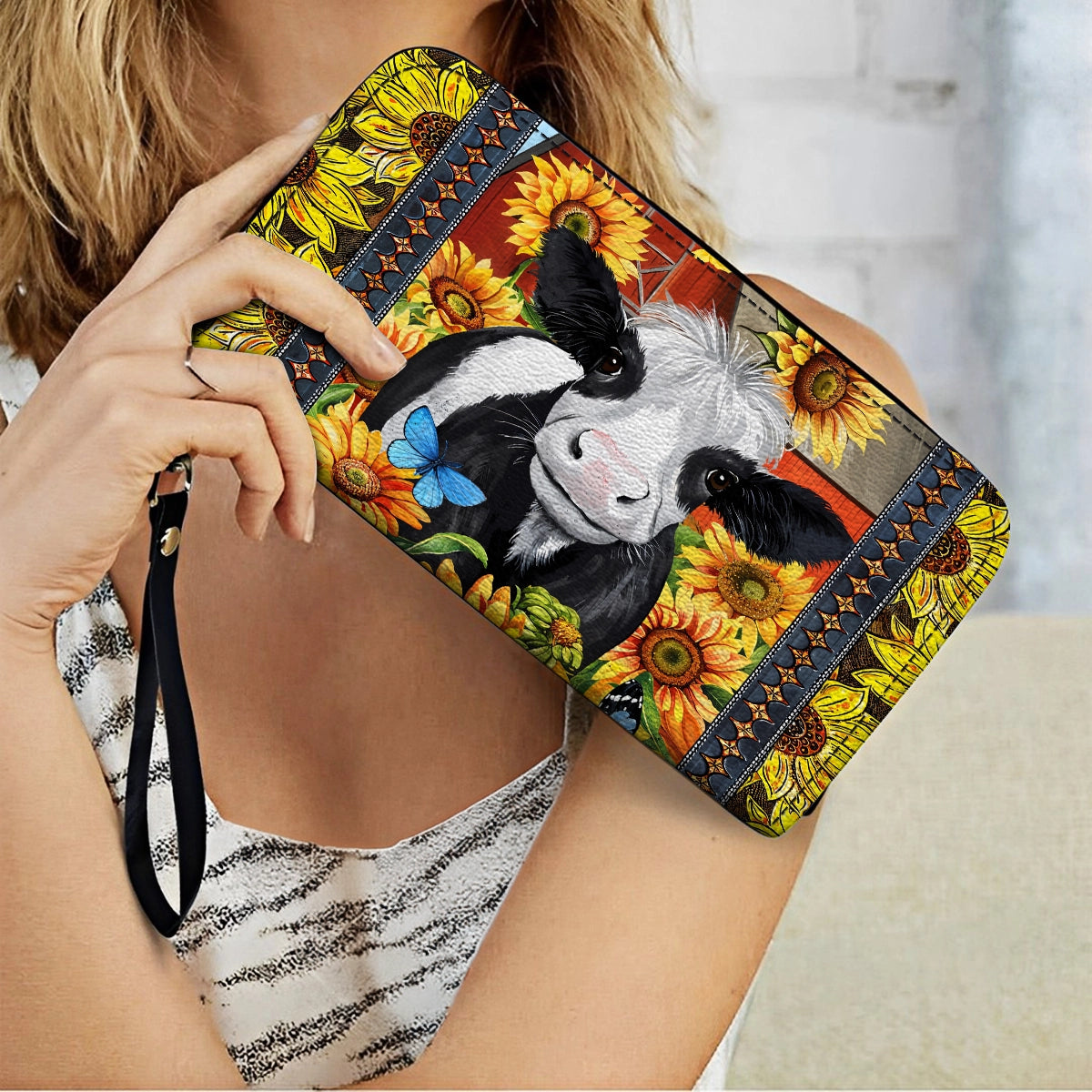 Shineful Leather Clutch Purse With Wristlet Strap Handle Sunflower Dairy Cattle