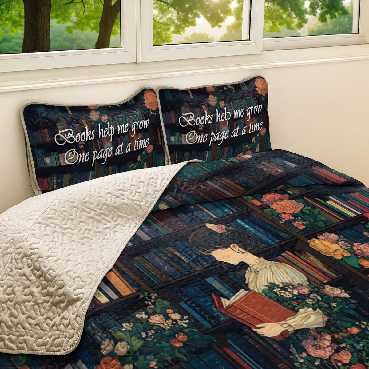 Shineful All Season Quilt 3-Piece Set Reading Literary Garden