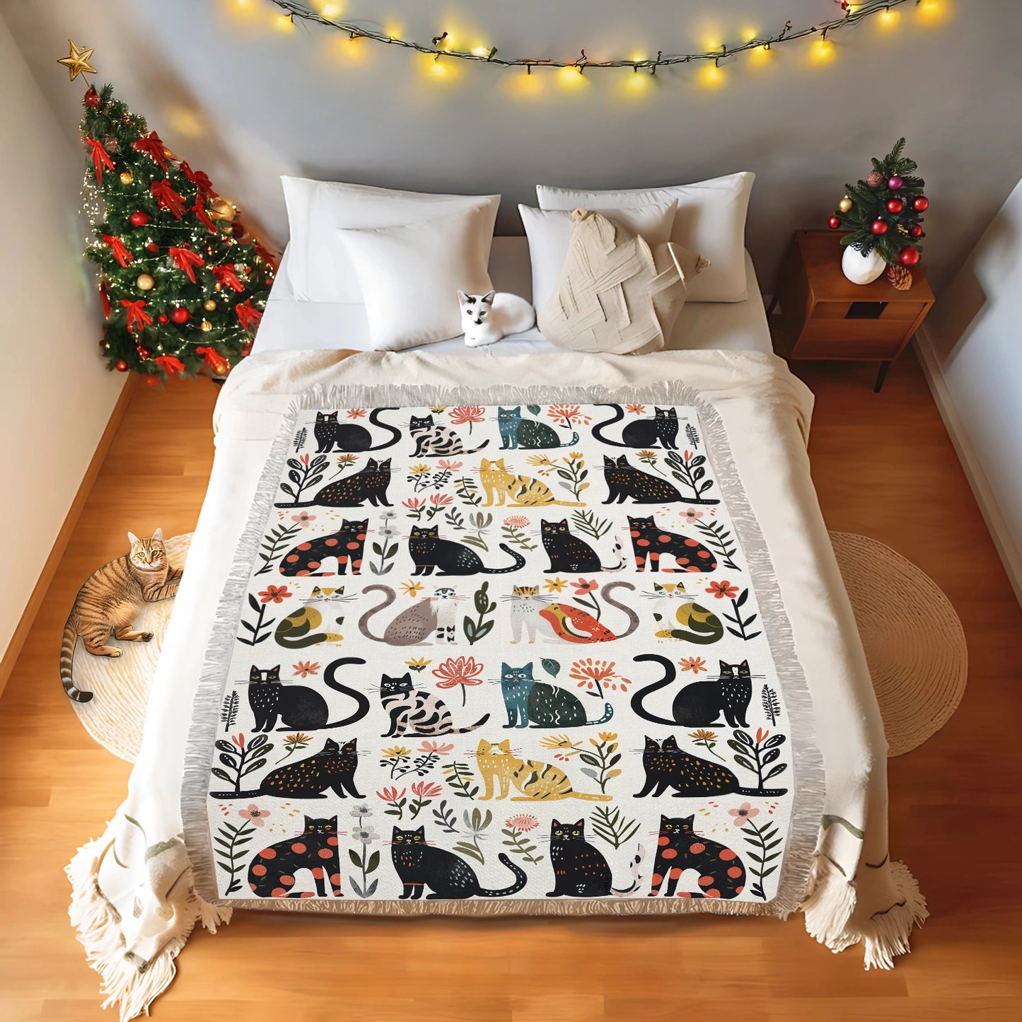 Shineful Woven Tapestry Throw Blanket - Botanical Cat Bliss