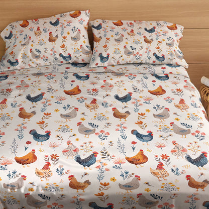 Shineful 4-Piece Bed Sheet Set Chicken Flower