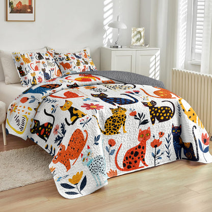 Shineful All Season Quilt 3-Piece Set - Purrfectly Feline With Floral