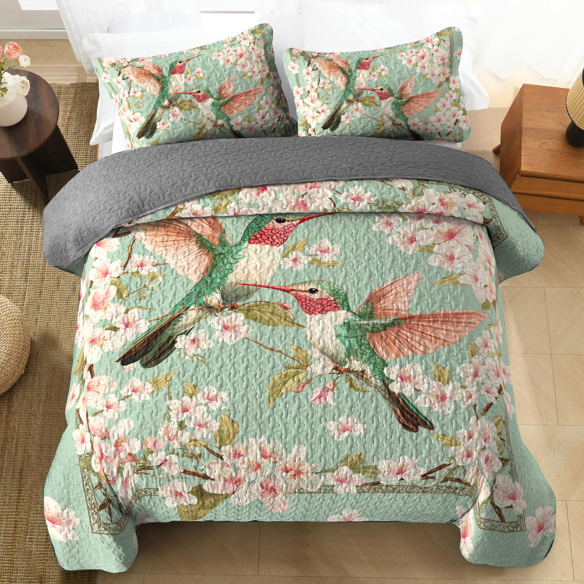 Shineful All Season Quilt 3-Piece Set Hummingbird Floral Haven