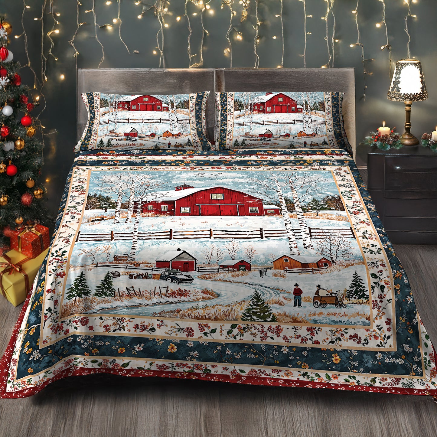 Shineful 4-Piece Bed Sheet Set - Red Barn Christmas