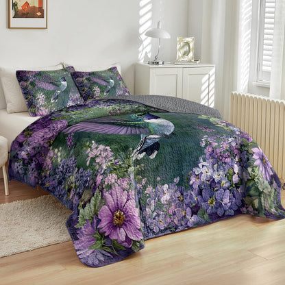 Shineful All Season Quilt 3-Piece Set Hummingbird In Purple Forest