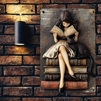 Shineful 2D Metal Sign Beautiful Reading Girl And Black Cat