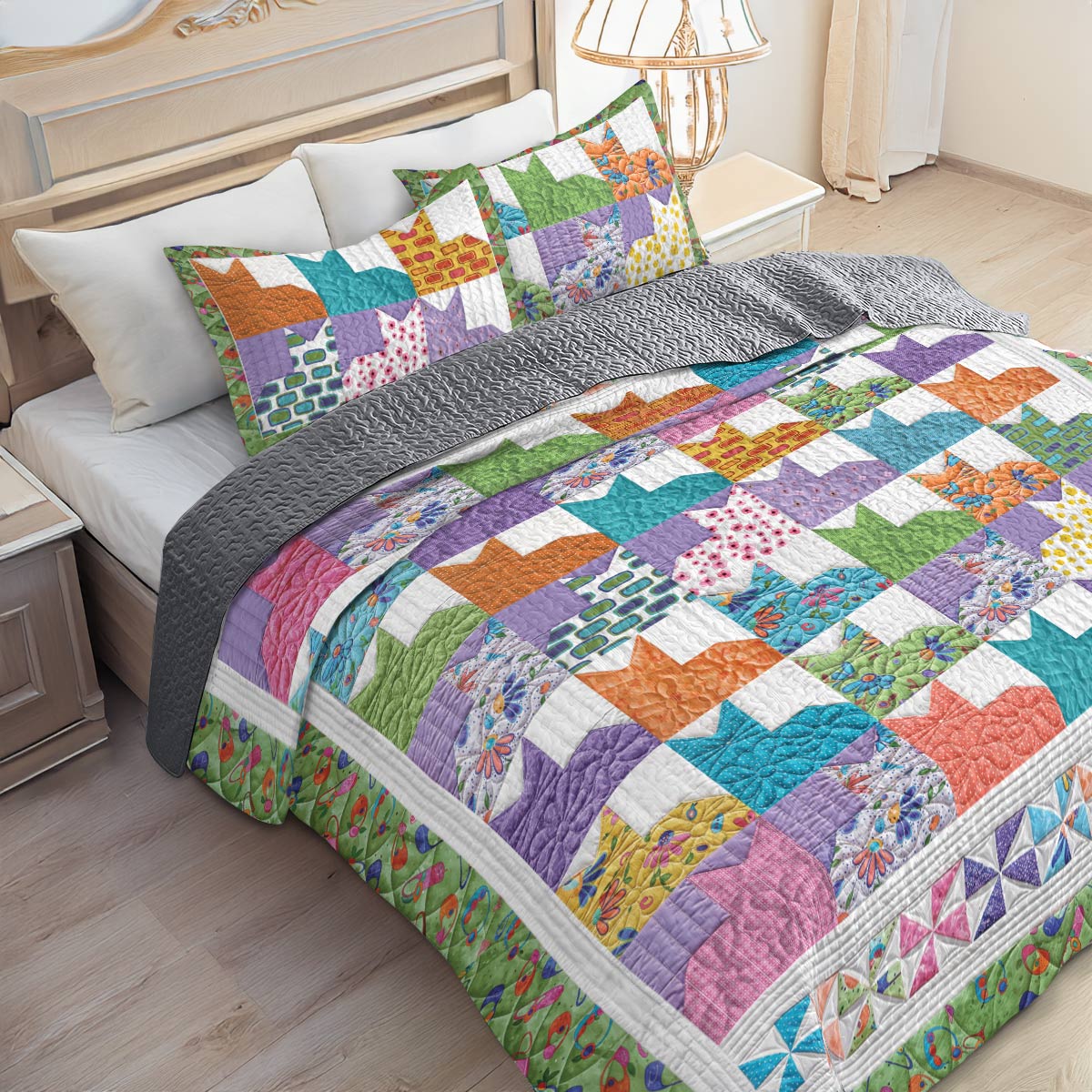 Shineful All Season Quilt 3-Piece Set Colorful Cats